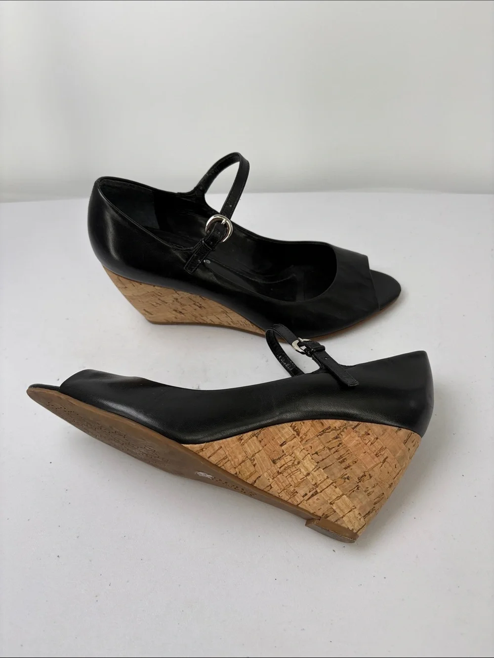 🕊️ Franco Sarto  Leather Cork Wedge Mary Jane Sandals w peep Toe
